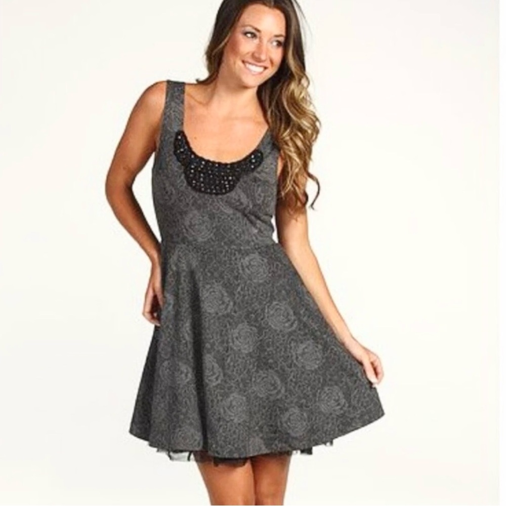 Free People Rock Princess Gray Tulle Fit Flare Beaded Neckline Dress - XS